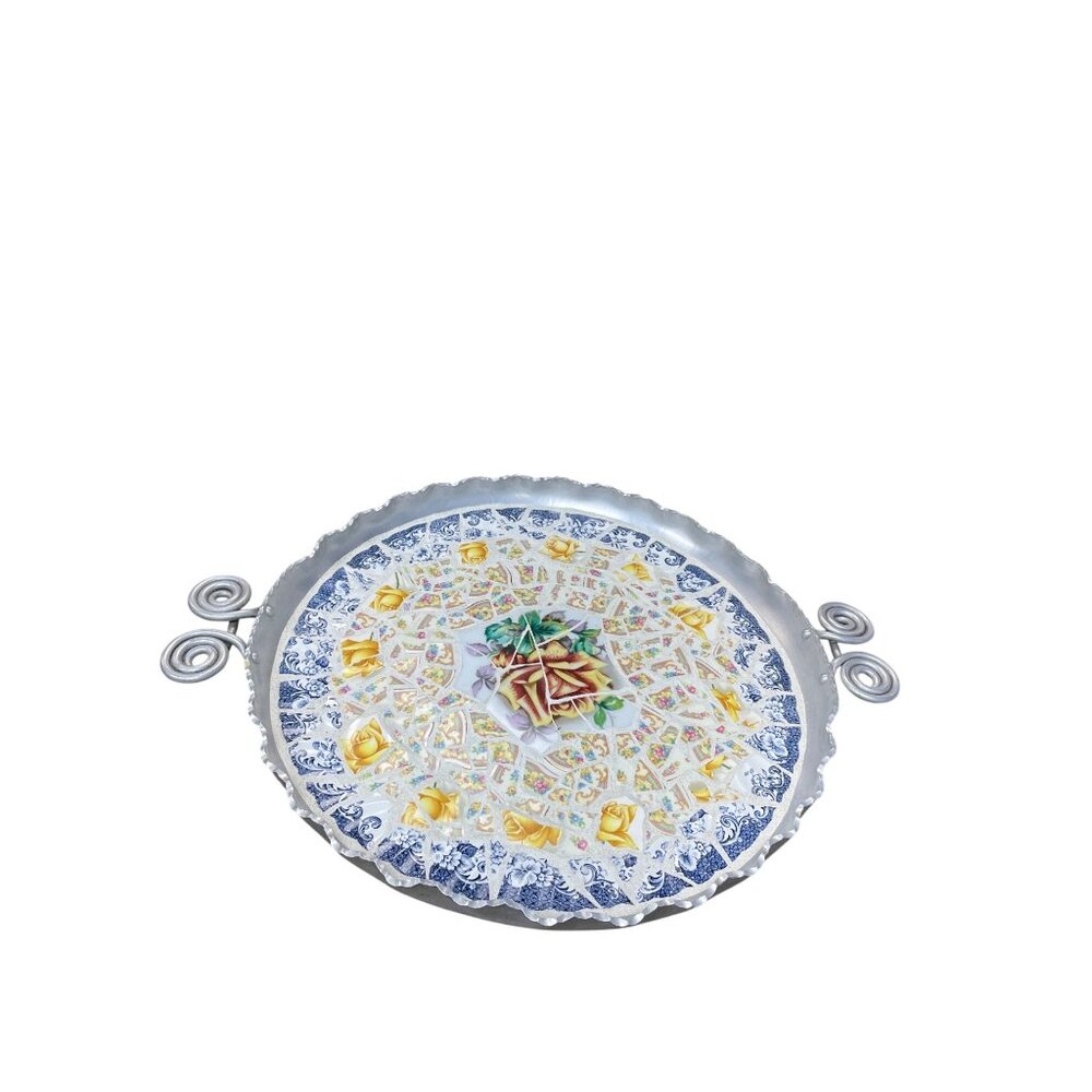 Weber Handmade VTG Mosaic decoupage hammered alluminum Ceramic tray SKU 9624